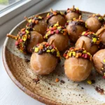 Acorn donut holes coated in chocolate hazelnut spread and autumn-themed sprinkles, each topped with a pretzel stick stem.
