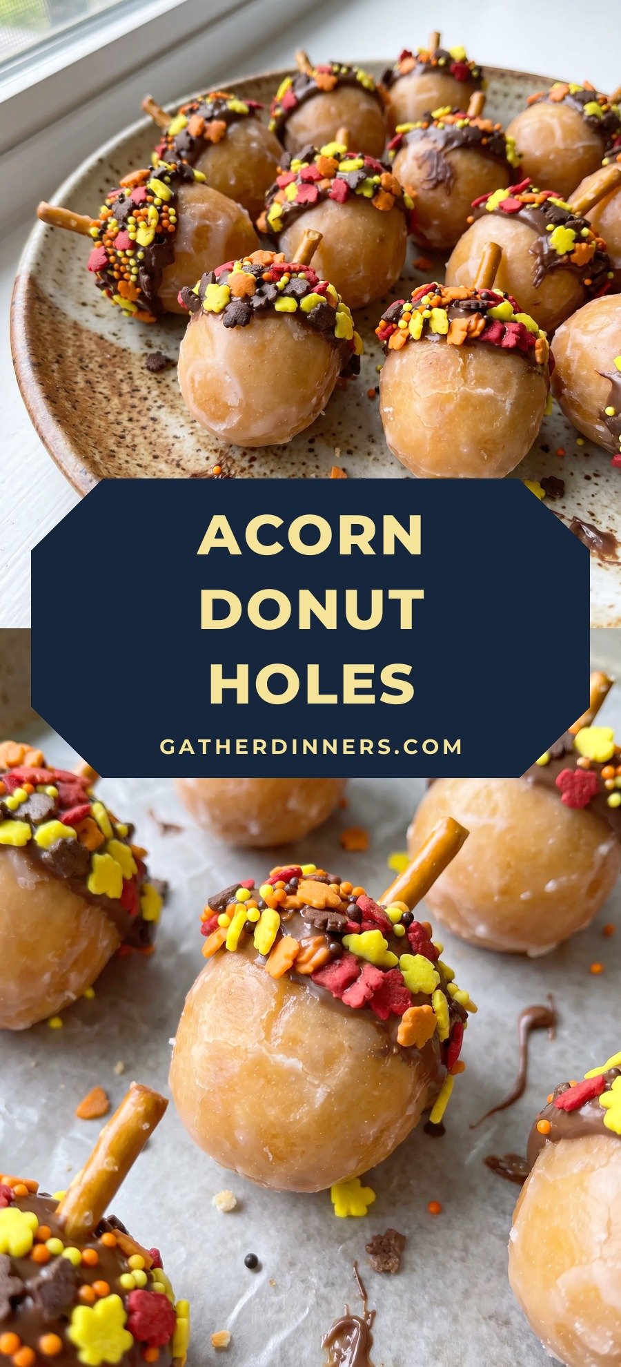 Chocolate-dipped donut holes coated in autumn sprinkles with pretzel stick stems, arranged as acorns.