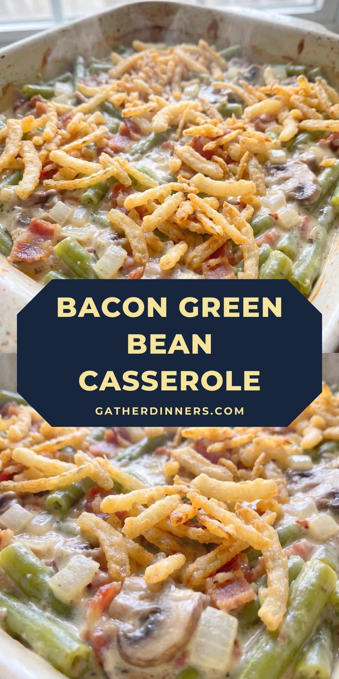 Green bean casserole topped with golden French fried onions, crumbled bacon, sliced mushrooms, and melted Monterey Jack cheese.