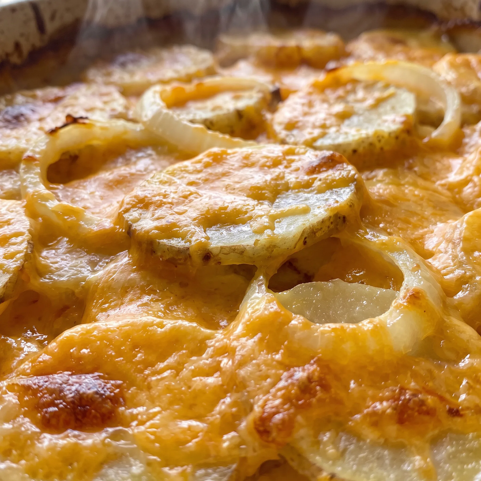 Golden melted cheddar stretches over soft potato slices, with creamy sauce and small pieces of onion visible between the layers.