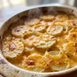 Cheesy scalloped potatoes with layered potato slices in a creamy milk sauce, topped with melted cheddar and bits of onion.
