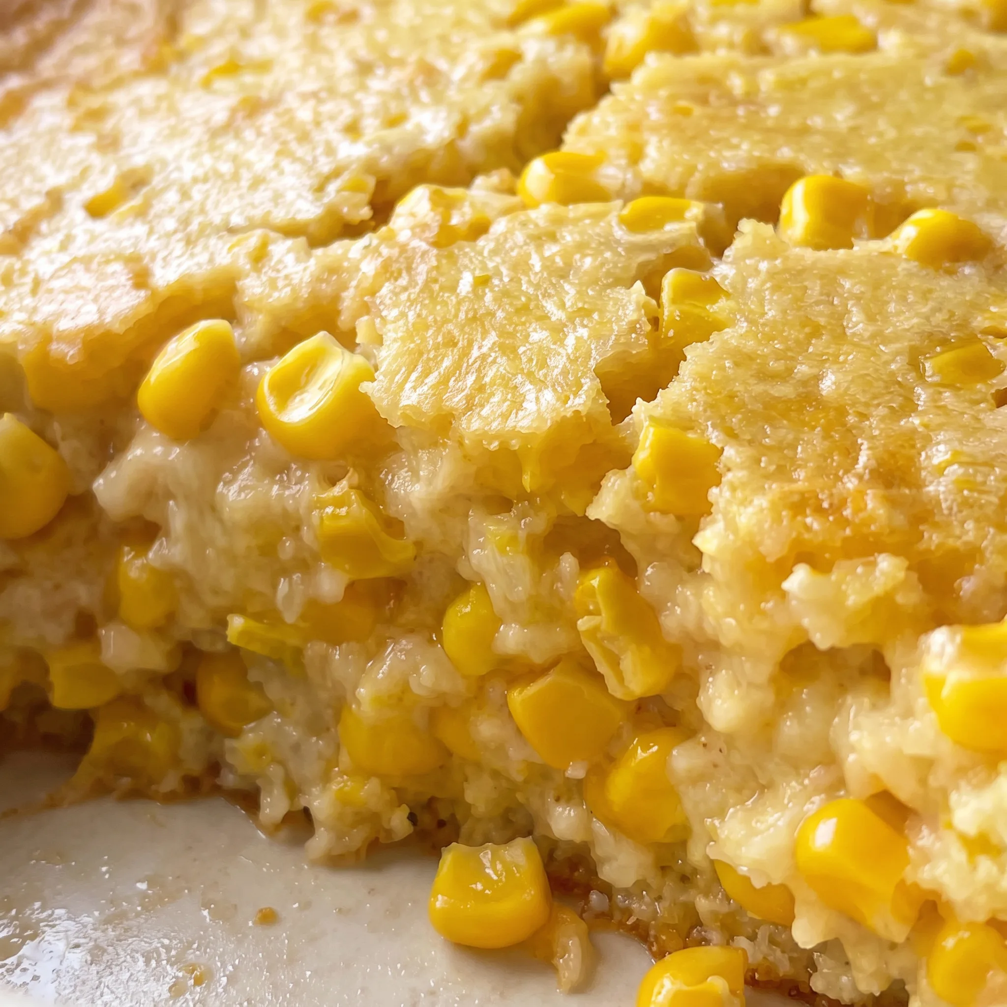 Soft, custardy corn casserole with a slightly crisp golden top and visible yellow corn kernels.