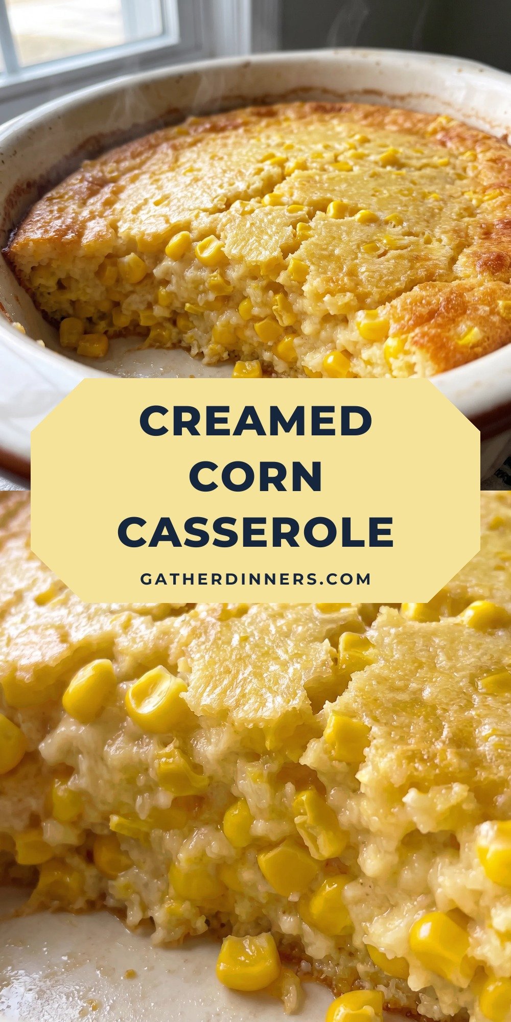 Golden baked corn casserole with a creamy custard center, topped with swirls of sour cream, dotted with yellow corn kernels and a slightly crackled crust.