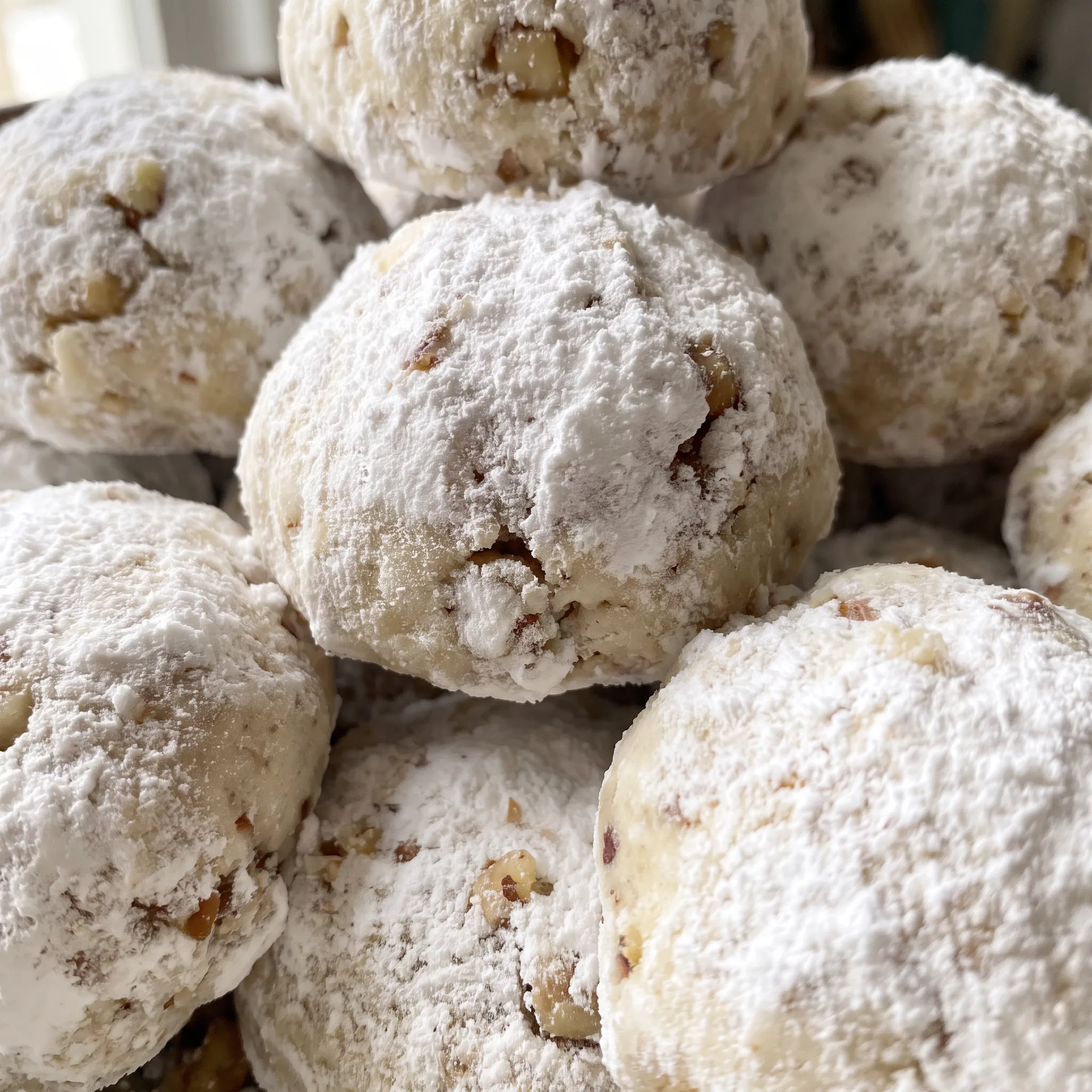 Powdered sugar dusting over a pale, crumbly cookie studded with chopped walnuts.
