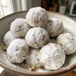 Round walnut snowball cookies coated in powdered sugar, with visible walnut pieces and a buttery crumb.
