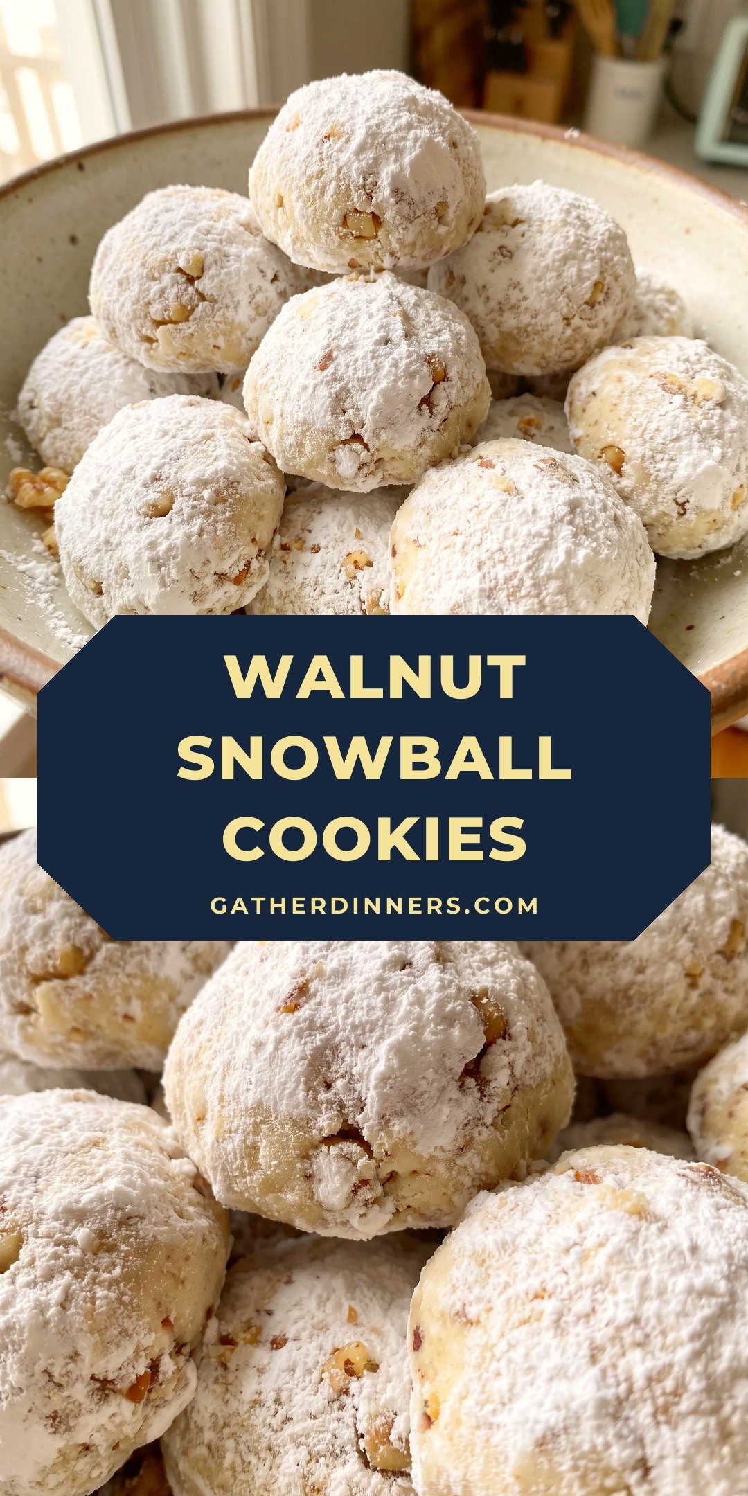 Round pale cookies coated in powdered sugar with chopped walnuts visible, showing a soft crumbly texture.