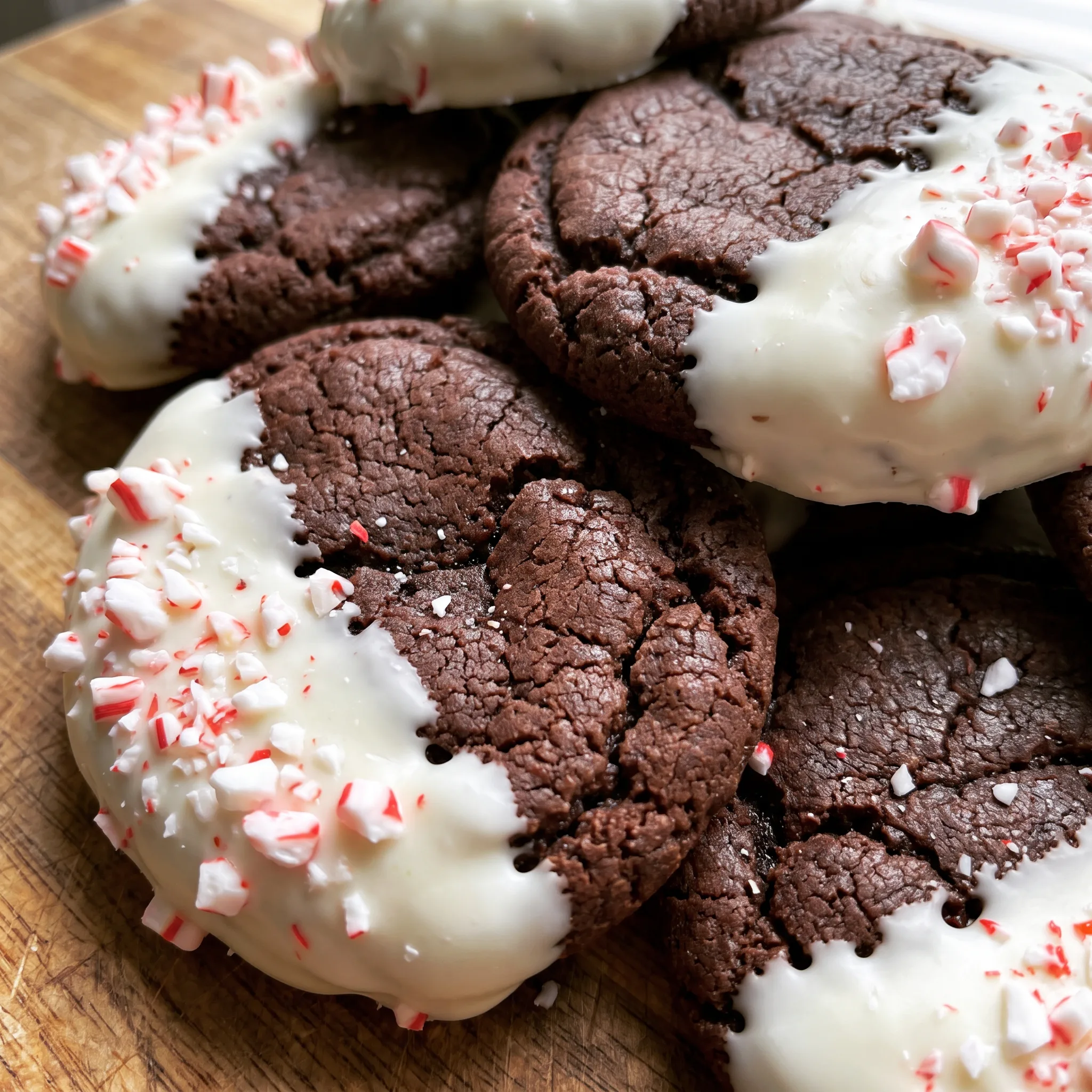 Bite showing a soft chocolate center with melted white chocolate and red peppermint bits.