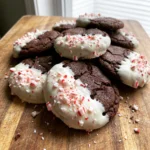 Chocolate cookies with white chocolate chunks and crushed peppermint pieces on top.