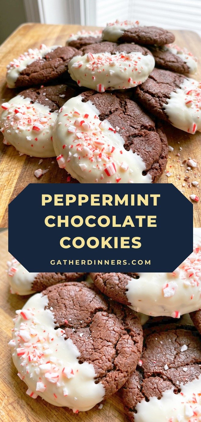 Chocolate cookies half-dipped in smooth white chocolate and sprinkled with crushed red and white peppermint bits.