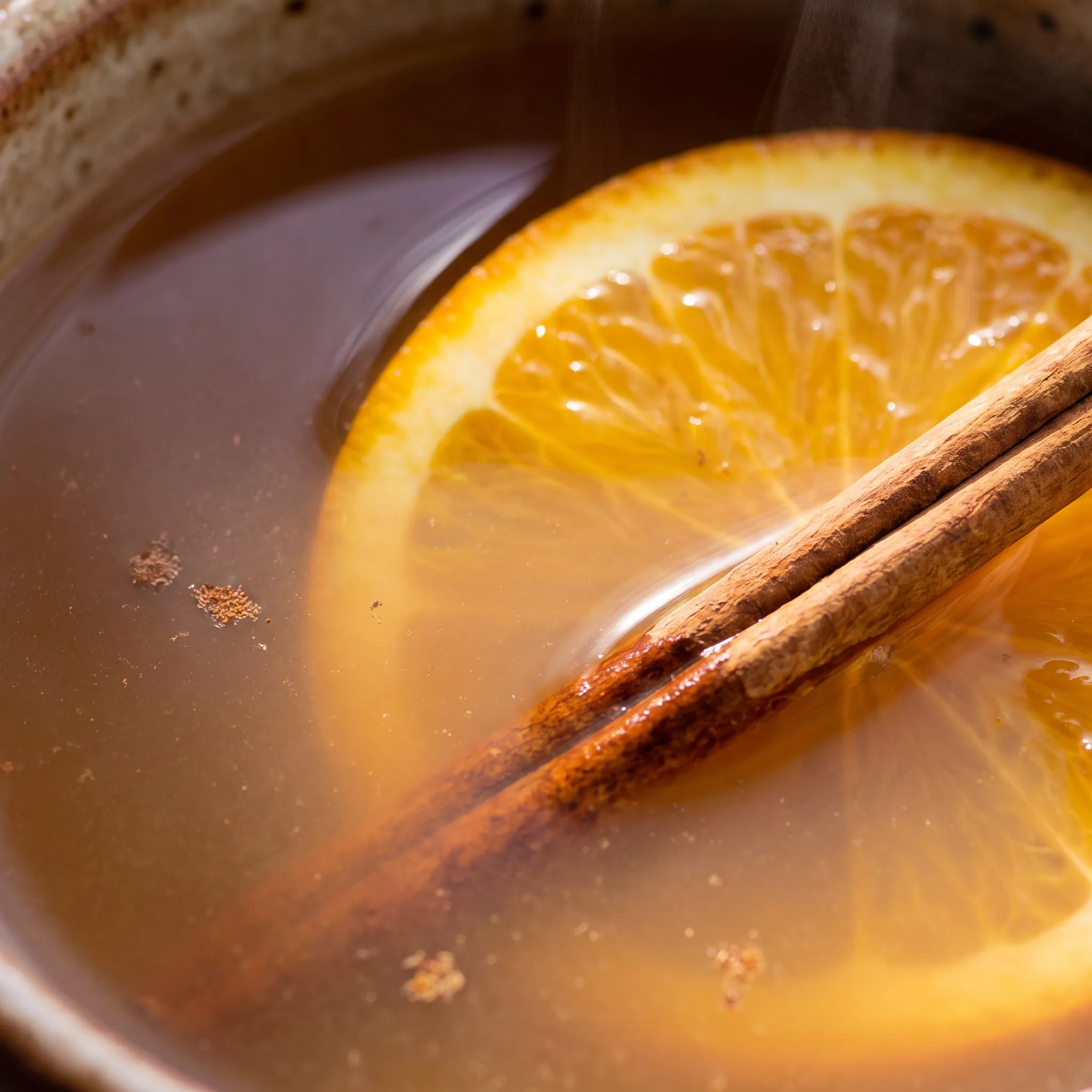 Cinnamon sticks and whole cloves drifting in amber spiced tea punch with orange and pineapple juice.