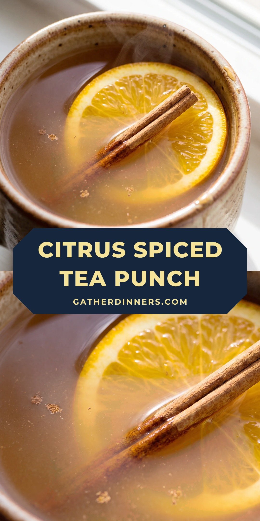 Amber spiced tea punch with orange, pineapple, and lemon juice, cinnamon, and cloves, served hot.
