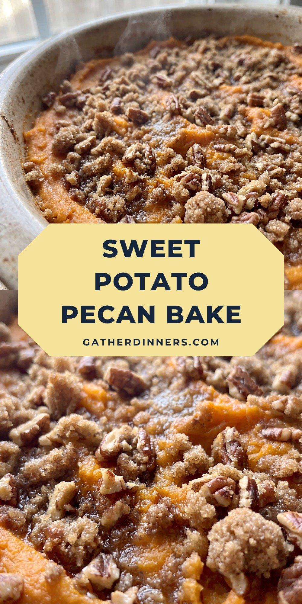Golden baked sweet potato casserole topped with toasted pecan crumble, brown sugar streusel, and gooey toasted marshmallows.
