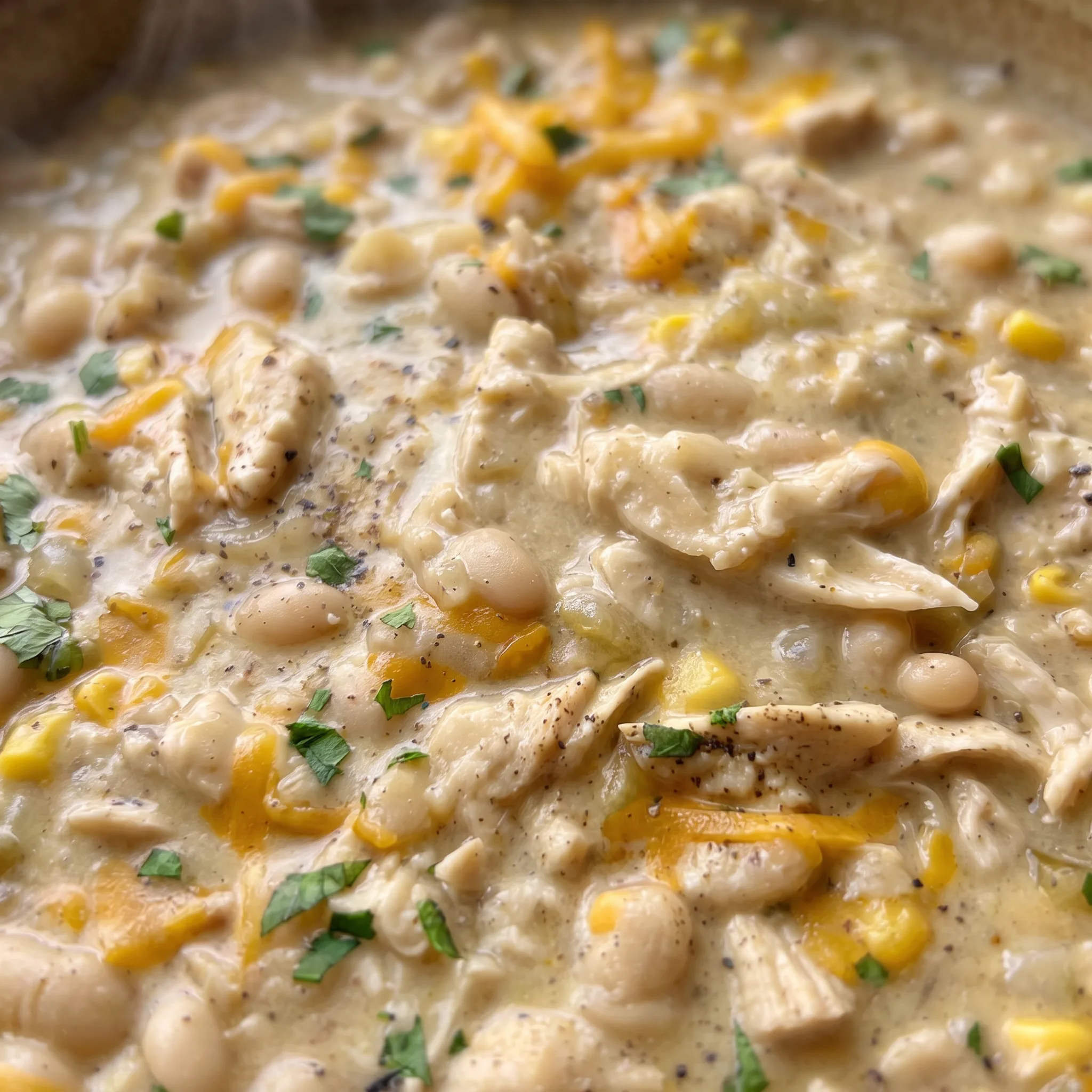 Creamy chili with tender chicken pieces, soft white beans, green chiles, and yellow corn kernels.