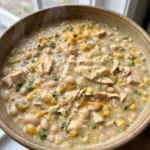 White chicken chili with chunks of chicken, great Northern beans, green chiles, and corn in a creamy broth.