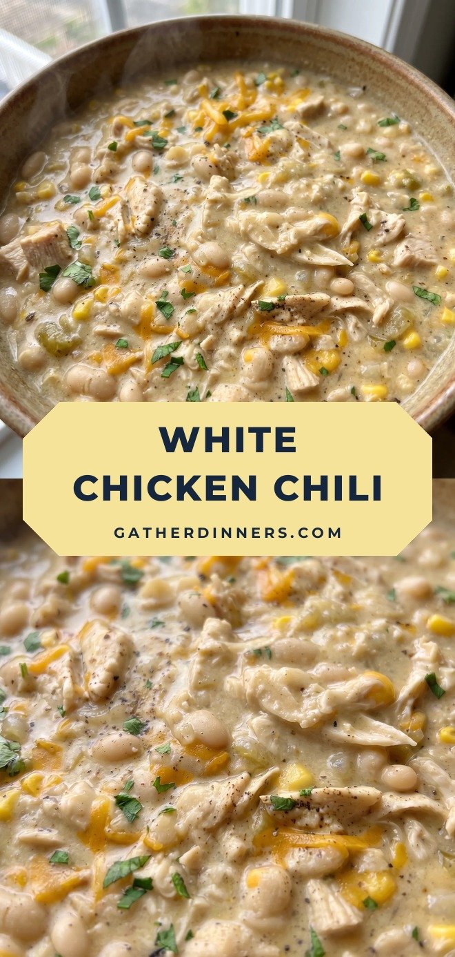 Creamy white chicken chili with cubed chicken, great Northern beans, green chiles, and corn, swirled with sour cream.